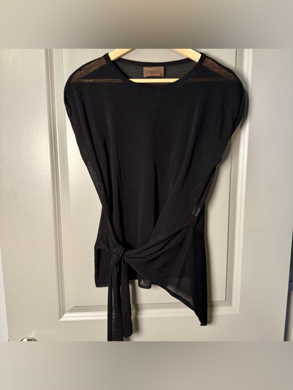 Kerisma Black Sheer Viscose Side-Tie Asymmetric Knit Top S/M Draped Hi-Low